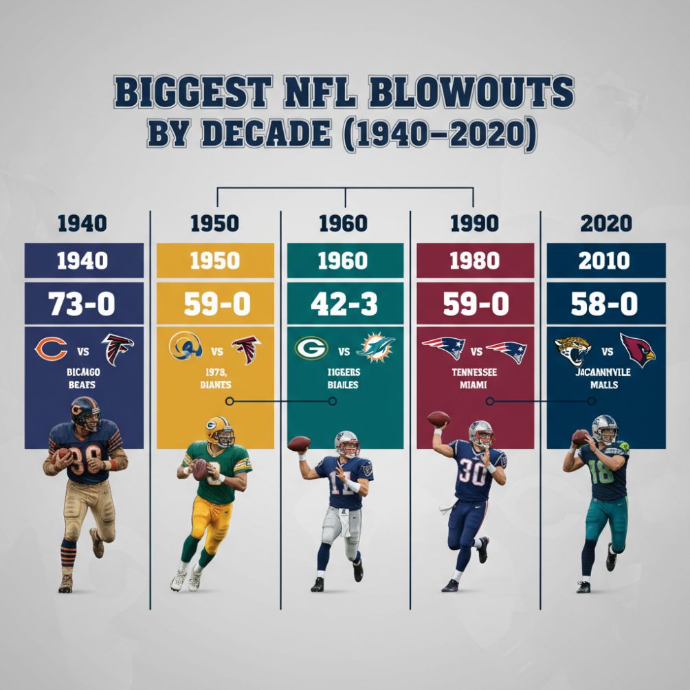A horizontal timeline infographic showing the biggest NFL blowouts by decade from 1940 to 2020, with team logos and realistic player portraits for key games like the 73–0 Bears win, 59–0 Rams blowout, and others.