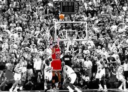Michael Jordan soaring for a shot — one of the best shooting guards in NBA history