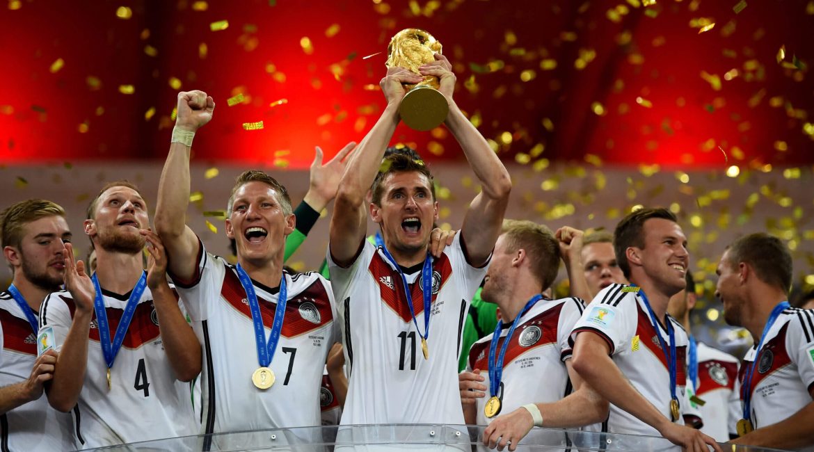 Miroslav Klose, the all-time top scorer in FIFA World Cup history with 16 goals, celebrated winning the 2014 World Cup in Brazil with Germany.